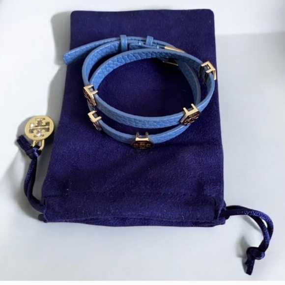 Tory Burch Jewelry - Tory Burch Hex Thin Double Wrap Leather Bracelet, Blue With Gold Logo